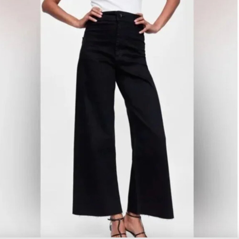 Zara Black Marine Straight Denim Jeans 2 wide leg high rise